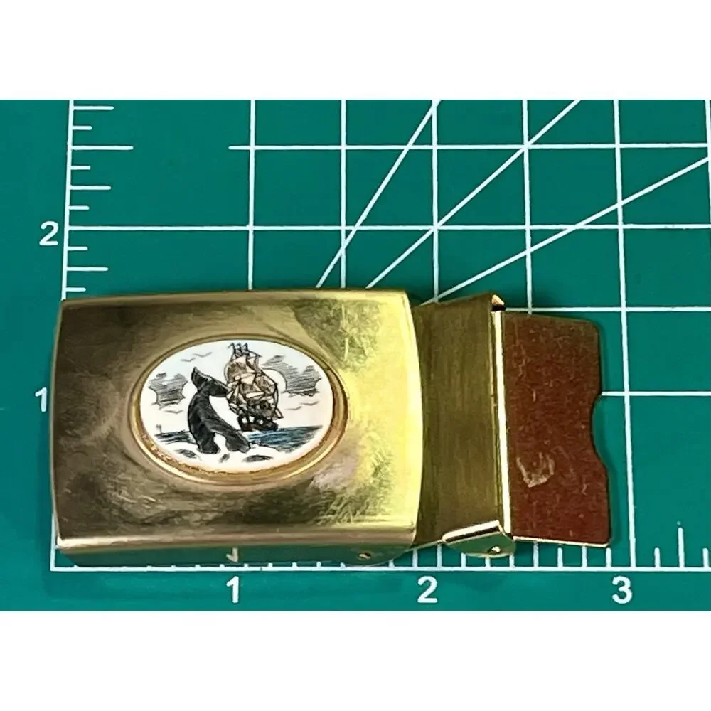 Handmade Fossil Scrimshaw Nautical Whaling Ship/ Whale Brass Belt Buckle